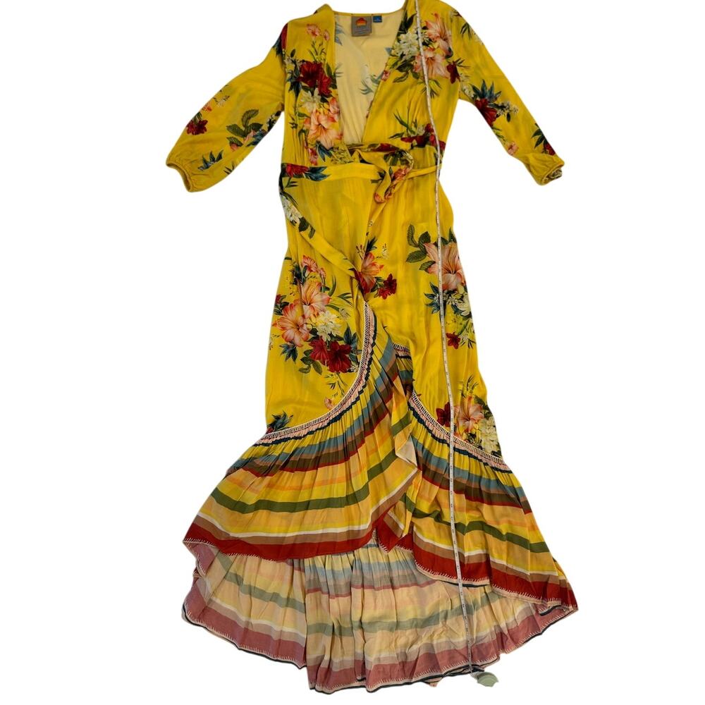 FARM Rio Anthropologie Marketplace Wrap Dress XS Yellow Floral Maxi Resort Boho - Picture 3 of 16